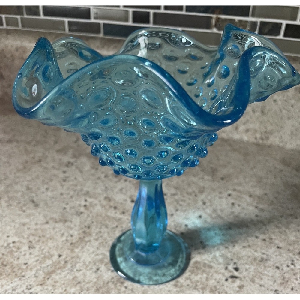 Vtg Fenton Hobnail Compote Pedestal Candy Dish Colonial Blue 6" Made In Italy